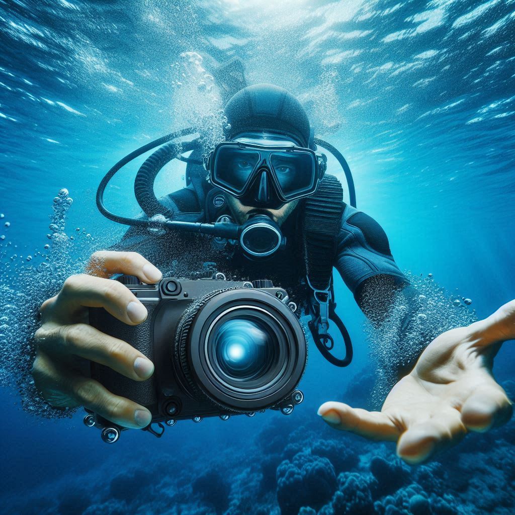 Scuba diver diving with an underwater dive camera