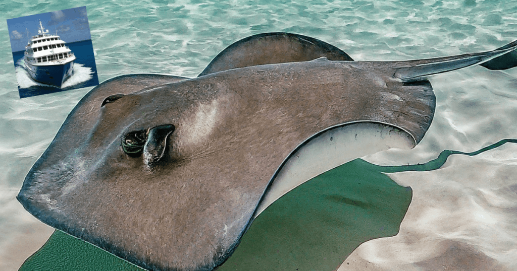 Cute stingray and a liveaboard in the Cayman Islands